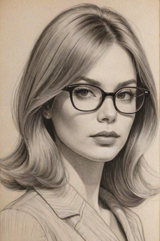 Gorgeous Deborah Kara Unger, pencil sketch, portrait of Resplendent woman 1966s in glasses, hair style beatnik, outline, clear lines, fine lines, 8k