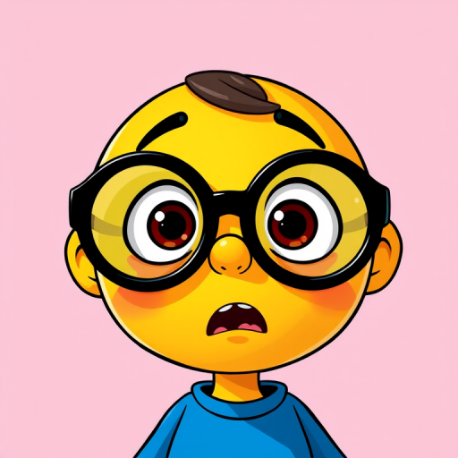 Create a high-resolution illustration of a cartoon character with a round yellow face, large black glasses, and a surprised expression, wearing a blue shirt, in a vibrant and playful style, captured with a DSLR camera at 50mm focal length, f/2.8 aperture, and natural light to enhance colors and contrast.