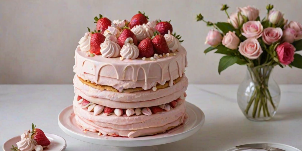 Create an image of a beautifully layered cake adorned with fresh strawberries, delicate pink flowers, and elegant meringues. The cake should have a soft pink frosting and be displayed on a simple white plate against a neutral background, with soft lighting highlighting its details.
