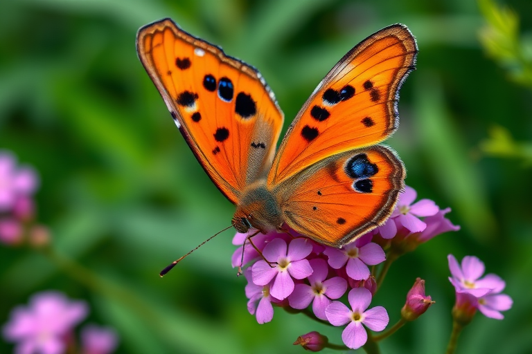 Generate an image of a butterfly with vibrant orange wings featuring striking blue and black patterns, resting on pink flowers. The background should be lush and green, creating a natural setting.