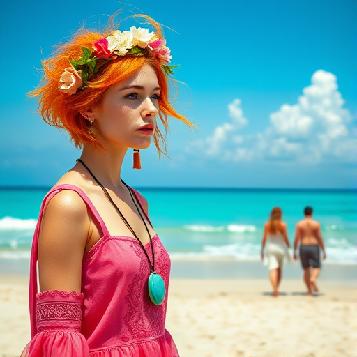 A vivid portrayal of a young woman with striking orange hair, adorned with a floral crown, standing on a sandy beach. She wears a bright pink dress with intricate patterns and a large turquoise pendant. Her pose is contemplative, with her gaze directed away from the camera, lost in thought. In the background, two other individuals can be seen walking along the shore, and the azure ocean stretches out to the horizon. The sky is a clear blue with fluffy white clouds, suggesting a sunny day. The overall style of the image is contemporary, with a touch of bohemian flair, emphasized by the woman's vibrant hair and the casual beach setting.