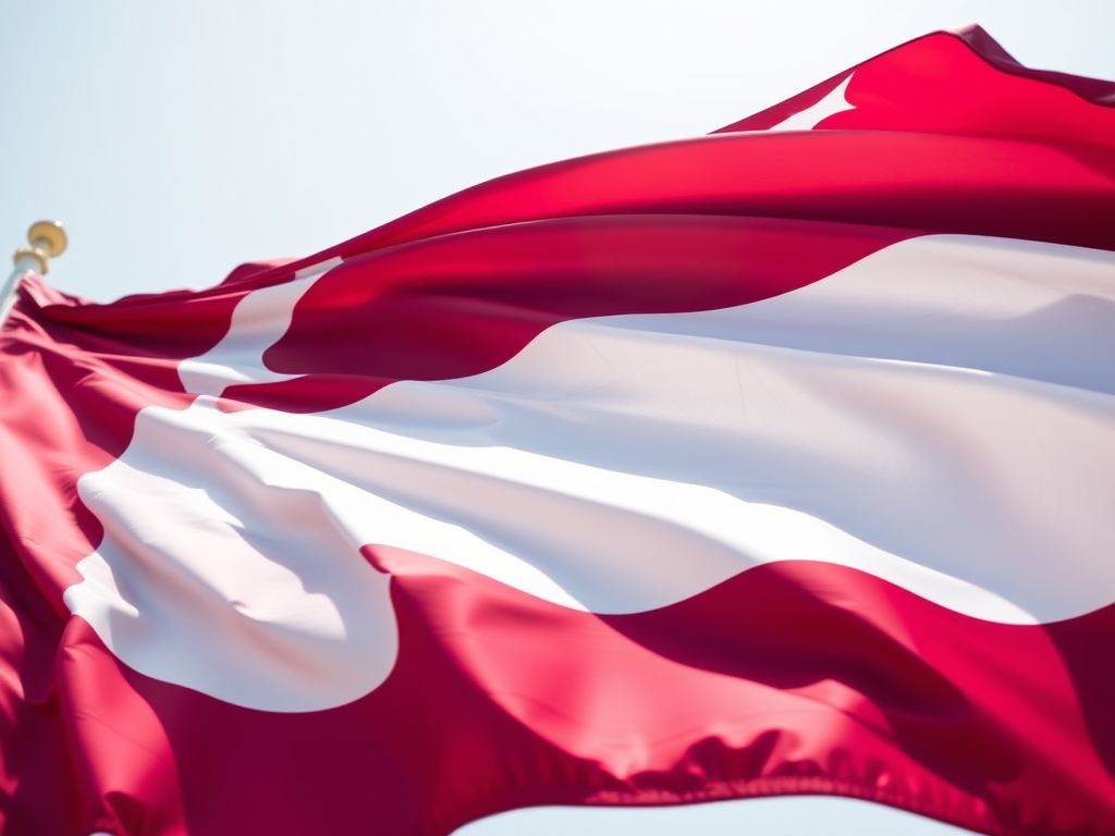 Create a hyper-realistic image of the Qatari flag waving in the wind, captured with a DSLR camera at f/8 aperture, 1/250s shutter speed, ISO 100, shot from a low angle with a 24mm lens, using natural lighting to enhance texture and color vibrancy.