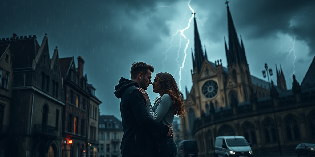 Create a dramatic romantic scene of a couple embracing during a thunderstorm in a gothic cityscape with a cathedral in the background, using a Canon EOS R5, 50mm lens, f/1.8 aperture, ISO 200, and 1/250 sec shutter speed, ensuring high detail and contrast with moody lighting.