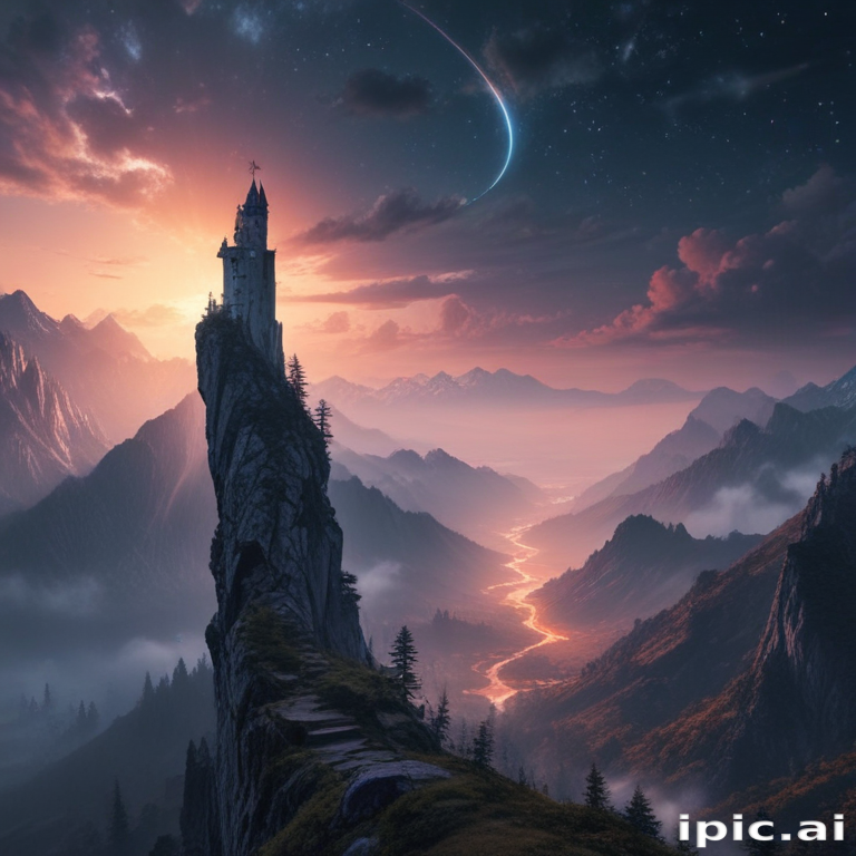 Majestic Castle on a Rocky Peak Overlooking a Serene Twilight Landscape