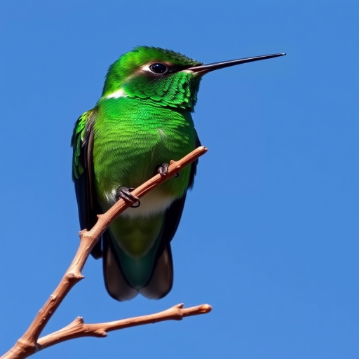 Photograph a vibrant green hummingbird perched on a branch against a clear blue sky, using a Canon EOS 5D Mark IV with a 100mm f/2.8 macro lens, aperture at f/5.6, ISO 200, and a shutter speed of 1/1000s.