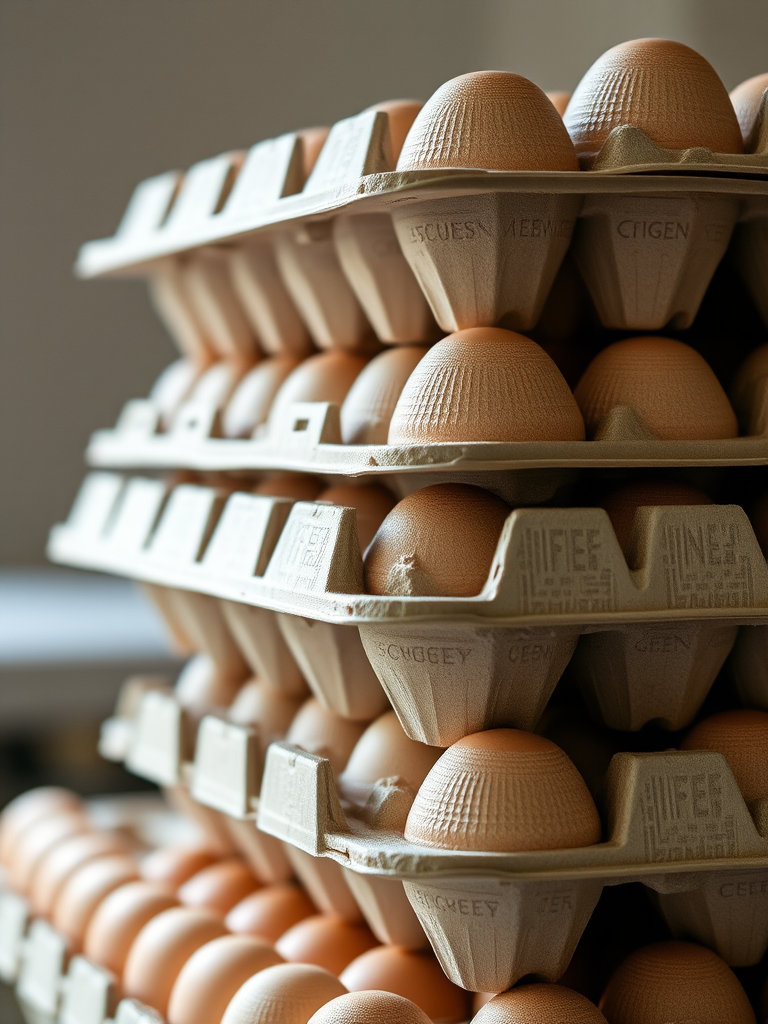 High-resolution close-up of stacked egg cartons, soft natural lighting, f/8 aperture, 50mm lens, ISO 100, shot with a DSLR camera.