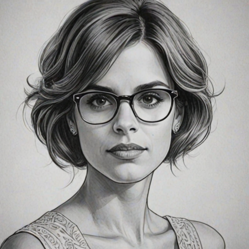 Comely Natalie Morales, pencil sketch, portrait of Ravishing woman 1920s in glasses, hair style beatnik, outline, clear lines, fine lines, 8k