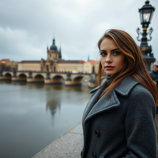 cinematic photo from above, waist up shot, sharp focus, a beautiful woman in foreground, in Prague, at the Charles Bridge, river in background, overcast rainy day, wearing long grey wool coat, warm rich color palette