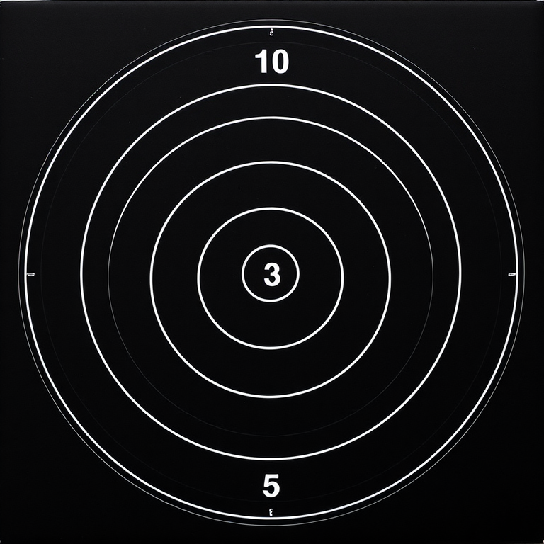 Create a high-resolution image of a black target with concentric white circles and evenly spaced numbers from 1 to 10, captured with a DSLR camera using a 50mm lens at f/8, ISO 100, shutter speed 1/60 sec, top-down view, photographic style.