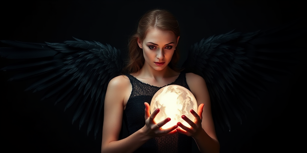 A woman with black feathered wings holding a glowing crystal orb, shot with a Canon EOS R5 at f/1.8, ISO 100, 1/200s, in a softbox-lit studio with a dark background and cinematic lighting.