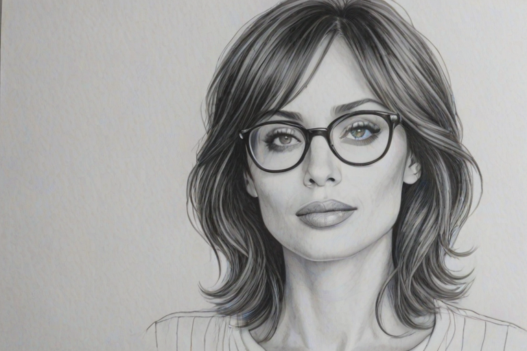 Exquisite Natalie Imbruglia, pencil sketch, portrait of Magnificent woman 1979s in glasses, hair style beatnik, outline, clear lines, fine lines, 8k