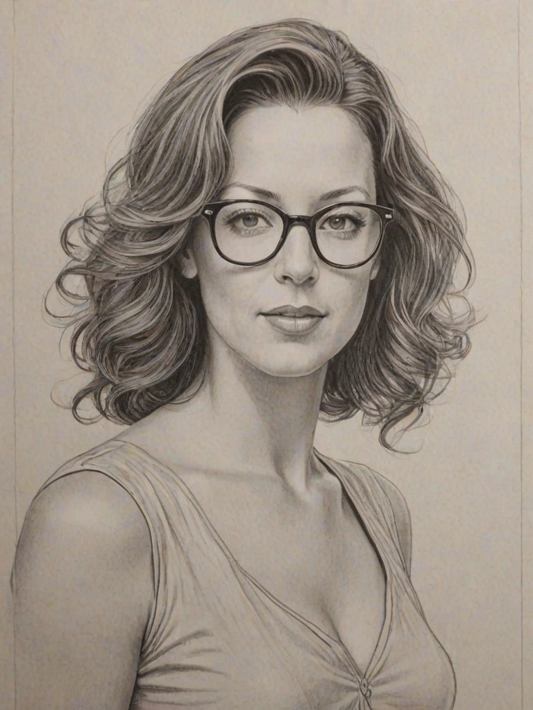 Superb Sarah McLachlan, pencil sketch, portrait of Exquisite woman 1955s in glasses, hair style beatnik, outline, clear lines, fine lines, 8k