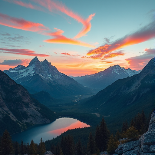 Create a detailed illustration of a mountain landscape at sunset, with vibrant colors in the sky reflecting off the peaks and a serene lake in the foreground, captured with a Canon EOS R5, 24mm f/1.4 lens, aperture at f/8, ISO 100, and a shutter speed of 1/100 seconds, using a wide-angle view to capture the vastness of the scenery in high resolution.