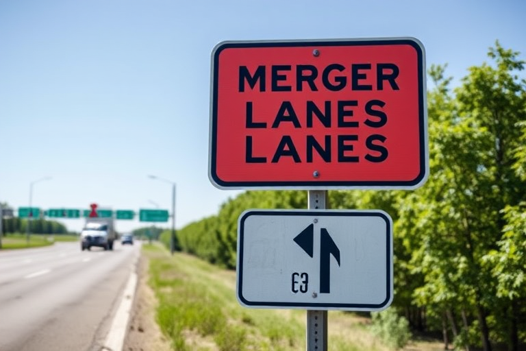 Generate an image of a road sign indicating merging lanes, using a DSLR camera with a 50mm lens, aperture f/2.8, exposure time 1/125 sec, ISO 100, taken from eye level in bright daylight to enhance image quality.