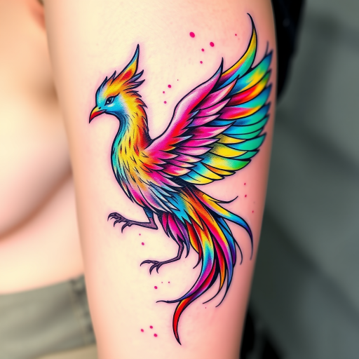 Vibrant watercolor "Prismatic Phoenix" tattoo design featuring a resplendent bird rising from ashes with iridescent feathers and flowing rainbow hues blending seamlessly across the skin creating an ethereal and dynamic appearance