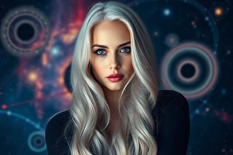 Create a portrait of a woman with long, flowing silver hair and a striking expression against a cosmic background with vibrant colors and swirling galaxies, shot with a DSLR camera at f/1.8 aperture, ISO 100, and a 50mm lens, using a low-angle view to emphasize her features and a soft focus on the background for depth.