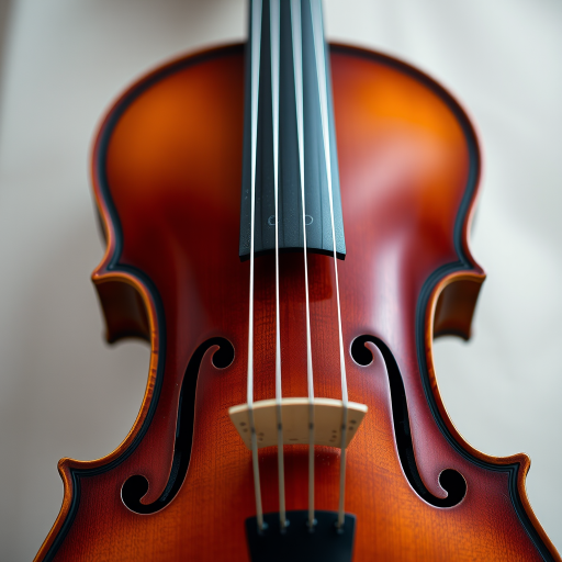 Create a high-resolution image of a detailed violin, focus on the body and neck, use a 50mm lens at f/2.8, 1/125 sec exposure, natural lighting, shot with a DSLR camera from a front view to enhance texture and contrast.