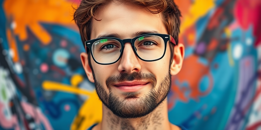 portrait of a man with glasses, vibrant abstract background with colorful brush strokes, high resolution, 50mm lens, f/1.8 aperture, ISO 100, natural light, DSLR camera, soft focus effect