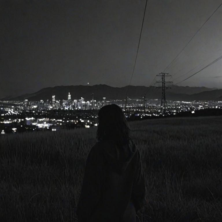 monochrome,outdoors,power lines,wide shot,reddish sky,grass,hill,expressionless,x hair ornament,city lights in background,city in background,skyscraper in background,skyline,stylish,dark theme,