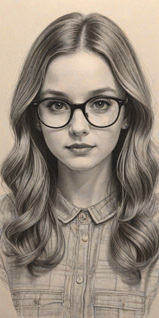 Delightful Maude Apatow, pencil sketch, portrait of Stunning woman 1966s in glasses, hair style beatnik, outline, clear lines, fine lines, 8k