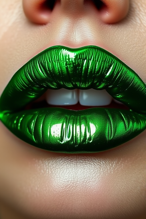 Metallic emerald green lips, christened "Enchanted Forest," showcasing a rich jewel tone and a foil-like finish for daring makeup looks