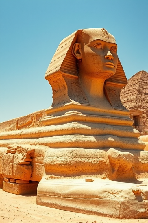 Regenerate the image of a Sphinx statue in a desert landscape with clear blue skies, using a DSLR camera, aperture f/8, ISO 100, shutter speed 1/200s, in landscape view, captured in high resolution to enhance detail and texture.