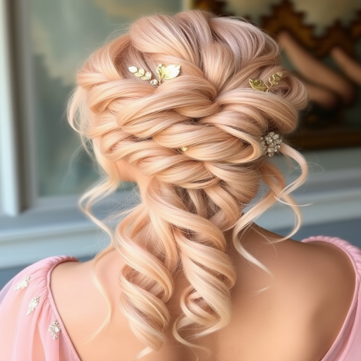 Pastel peach locks fashioned into a romantic, Grecian-inspired updo with delicate gold leaf accents and flowing tendrils, capturing the essence of "Aphrodite's Blush"