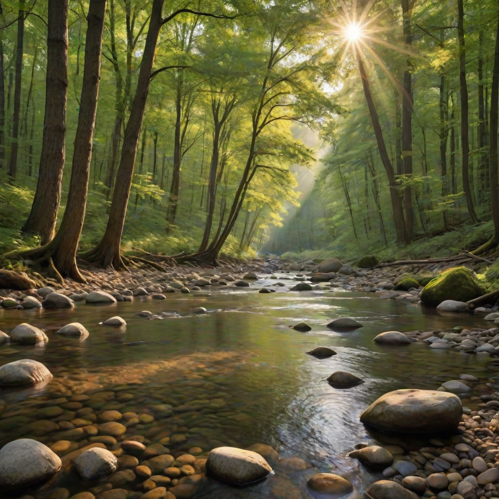 Create an image of a serene, sunlit forest scene with a clear, gently flowing river. Tall trees with lush green foliage line both sides of the river, their leaves bathed in the warm golden light of the setting or rising sun. The sunlight filters through the trees, casting soft, dappled light on the river, which flows over smooth rocks and pebbles, creating a peaceful, natural atmosphere. The sky is bright with a few scattered clouds, and the overall mood is tranquil, evoking a deep sense of connection with nature. The image captures the beauty of a calm, pristine forest landscape at either dawn or dusk.