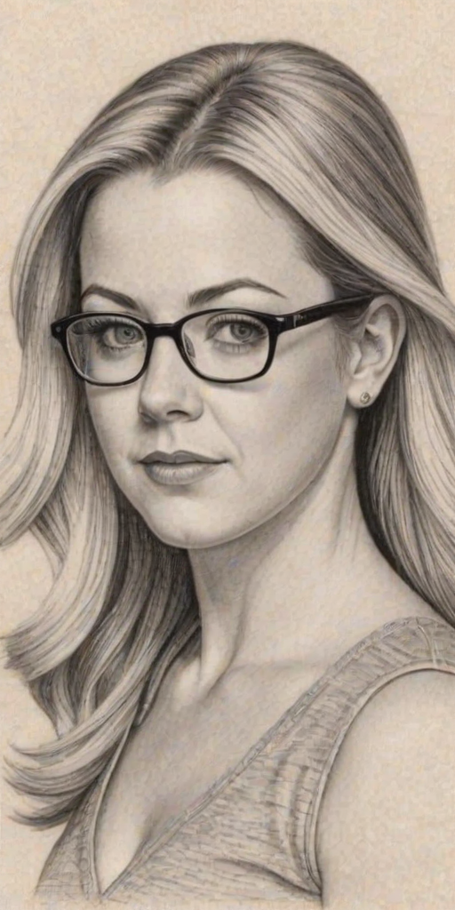 Beauteous Melissa Joan Hart, pencil sketch, portrait of Beauteous woman 1974s in glasses, hair style beatnik, outline, clear lines, fine lines, 8k