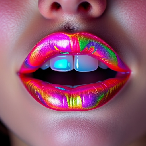 Holographic rainbow lips shifting colors as light moves across them, creating a mesmerizing, otherworldly effect that's both playful and avant-garde