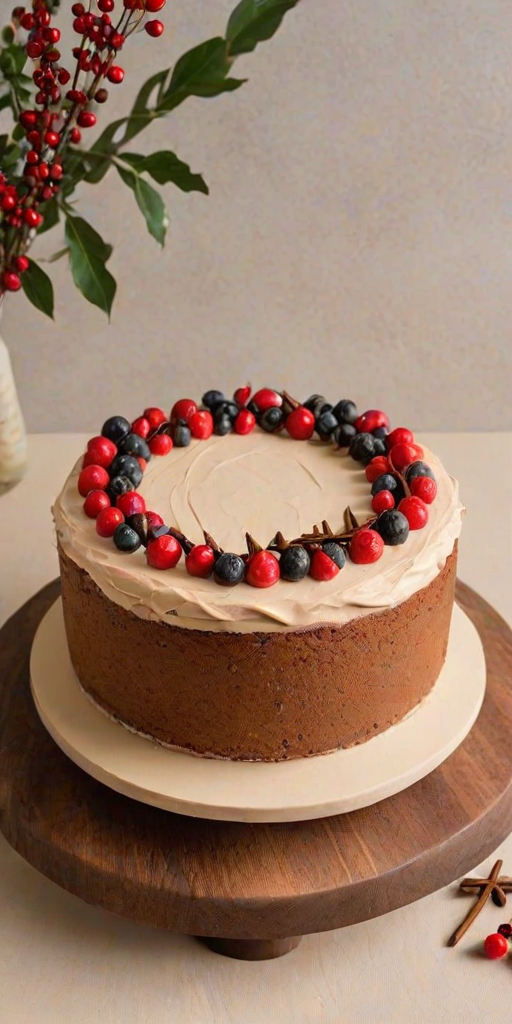 Create an image of a round cake with a smooth, beige frosting. The top is decorated with a simple circular line design in chocolate and features a few cinnamon sticks and red berries around the edge. The cake is placed on a wooden cake stand, set against a neutral background.