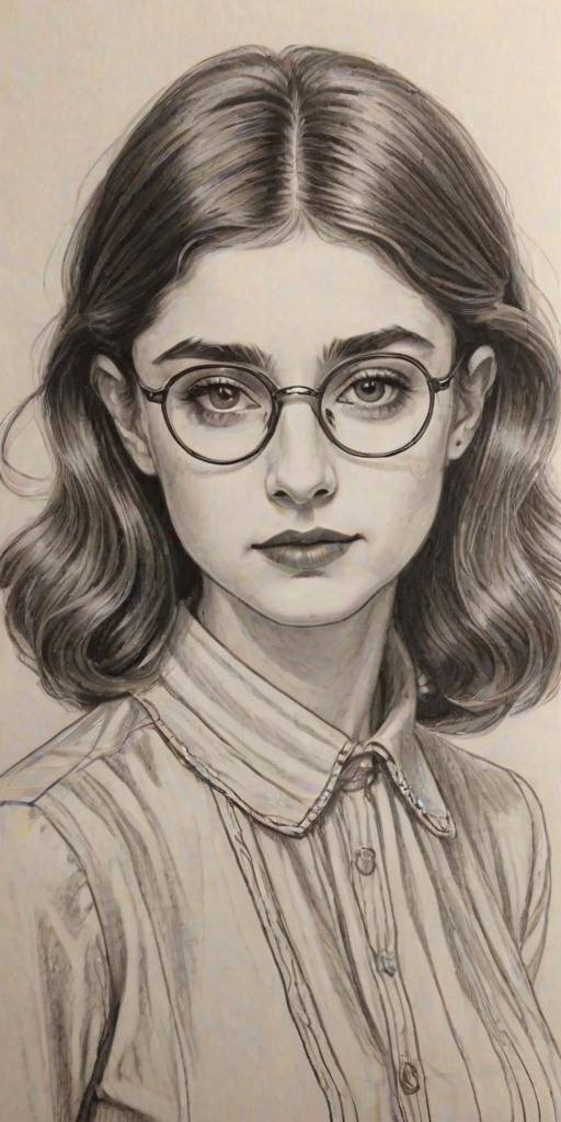 Ravishing Natalia Dyer, pencil sketch, portrait of Bewitching woman 1930s in glasses, hair style beatnik, outline, clear lines, fine lines, 8k