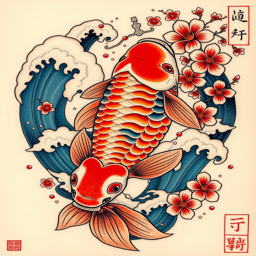Traditional Japanese irezumi tattoo named "Koi Ascending" featuring a large colorful koi fish swimming upwards through swirling water and cherry blossoms symbolizing perseverance and transformation with bold outlines and vibrant colors characteristic of the style incorporating elements of nature such as waves clouds and wind bars to create a dynamic and harmonious composition