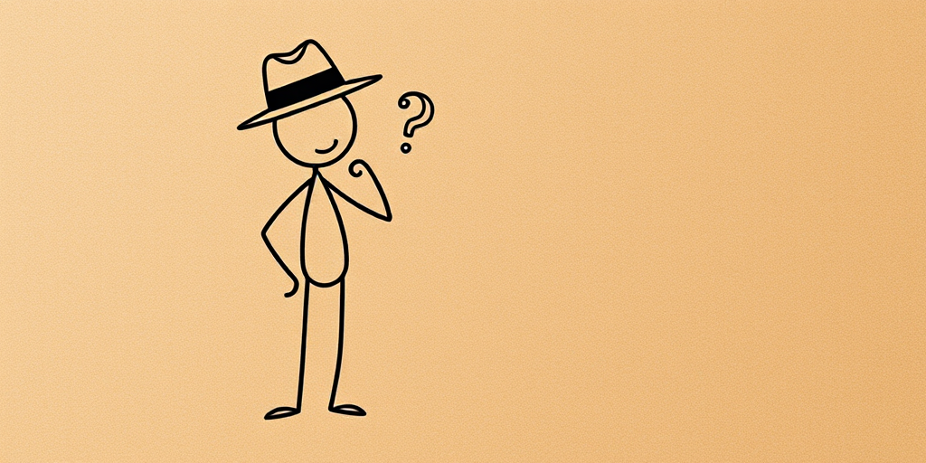 Create an illustration of a stick figure wearing a fedora standing thoughtfully next to a question mark sign on a textured brown paper background, using a Canon EOS R5 with a 50mm f/1.2 lens, aperture set to f/2.8, ISO 200, shot in soft natural light from a 45-degree angle to enhance depth and detail.