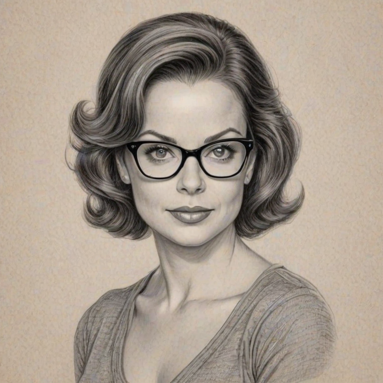 Captivating Kimberly Williams-Paisley, pencil sketch, portrait of Magnificent woman 1955s in glasses, hair style beatnik, outline, clear lines, fine lines, 8k
