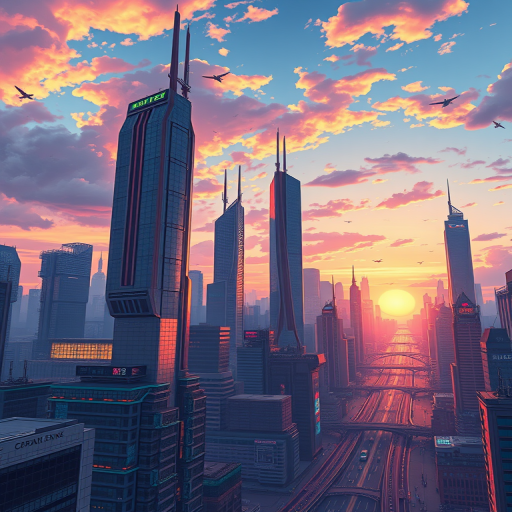 Create a vibrant and detailed illustration of a futuristic city skyline at sunset, with towering skyscrapers and flying vehicles, captured with a Canon EOS R5, 24mm f/1.4 lens, ISO 100, aperture f/8, and a wide-angle view to enhance depth and perspective.