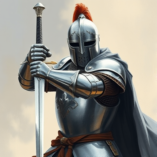 regenerate a detailed illustration of a medieval knight in shining armor wielding a sword, camera settings: ISO 100, f/8, 1/125s, camera view: close-up, camera style: high-definition, camera type: digital SLR