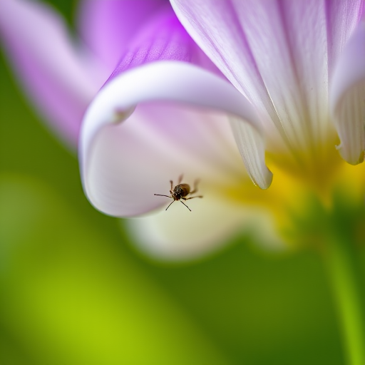 macro shot of a white and purple flower with a small insect on it, f/2.8 aperture, 100mm lens, ISO 200, shallow depth of field, natural lighting, captured with a DSLR camera
