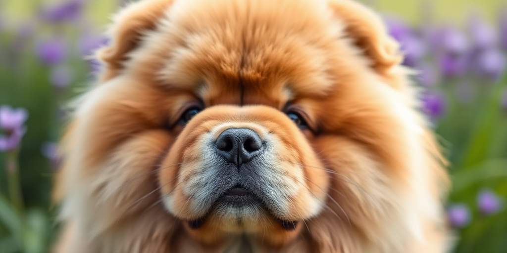 A close-up portrait of a fluffy Chow Chow dog with a soft focus background of green grass and purple flowers, captured with a Canon EOS R5, 85mm lens, aperture f/1.8, ISO 100, 1/500s, natural lighting, shallow depth of field.