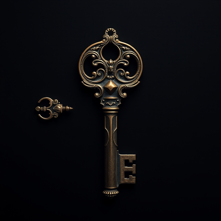 Create an artistic illustration of an antique key, emphasizing intricate details and a vintage style, using a Canon EOS R5 with an aperture of f/2.8, a shutter speed of 1/60s, a focal length of 50mm, in a top-down view on a black background.