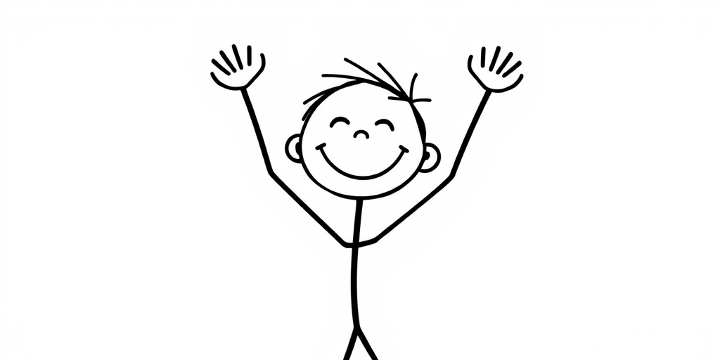 Generate a colorful cartoon character of a stick figure with a smiling face, arms raised in joy, set against a bright background, captured with a DSLR camera at f/4, 1/200s shutter speed, ISO 100, 50mm lens, focusing on vibrant colors and sharp details.