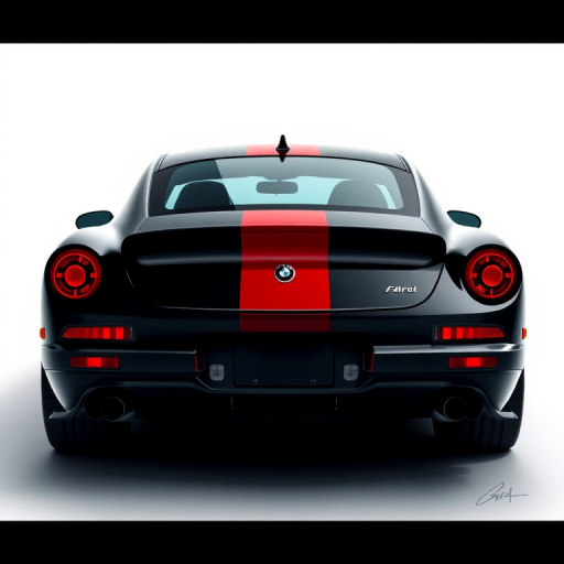 Create a high-quality illustration of a rear view of a black car with a red stripe using a digital art style, capturing rich details and vibrant colors, in a 4K resolution, with a focus on a clean and minimalist background, simulating a DSLR camera with a wide aperture of f/2.8 and a focal length of 50mm, ensuring smooth gradients and sharp contrasts.