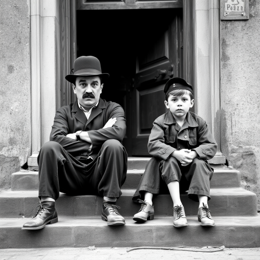 A black-and-white photograph of a man and a child sitting on steps in front of a doorway. The man is dressed as a tramp with a bowler hat, mustache, and ragged clothes, reminiscent of Charlie Chaplin's iconic look. He is sitting with his arms crossed and an expression of slight sadness or frustration. Next to him is a young boy, also in worn clothes and a cap, sitting with his hands clasped, looking thoughtful. The background is an old, textured wall and a partially open door, creating a vintage, early 20th-century atmosphere.