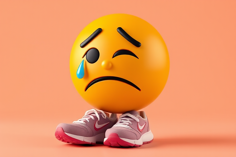 Create a vibrant and high-resolution 3D rendering of a sad emoji with a tear, wearing stylish sneakers, captured with a Canon EOS 5D Mark IV at f/8 aperture, 1/125 sec shutter speed, ISO 100, using a wide-angle lens to emphasize depth and detail, against a soft gradient background.