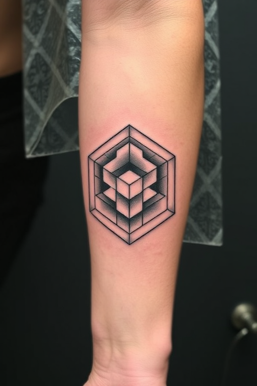 Mesmerizing optical illusion tattoo on the forearm, creating a three-dimensional cube pattern that appears to shift and move, utilizing precise linework and shading to achieve the mind-bending effect