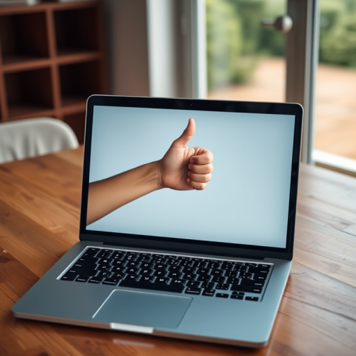 High-resolution image of a laptop on a wooden table with a hand giving a thumbs up emerging from the screen, soft natural lighting, shot with a Canon EOS 5D Mark IV at f/4.0, ISO 100, 50mm lens, showcasing an eye-level perspective for depth and clarity.