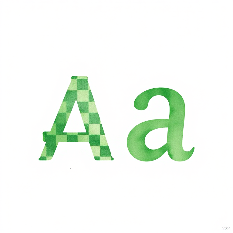 Create a high-resolution image of the letters "A" and "a" in green watercolor and checkered patterns set against a white background, captured with a DSLR camera at f/2.8 aperture, 50mm lens, ISO 100, with a shallow depth of field and natural daylight to enhance colors.
