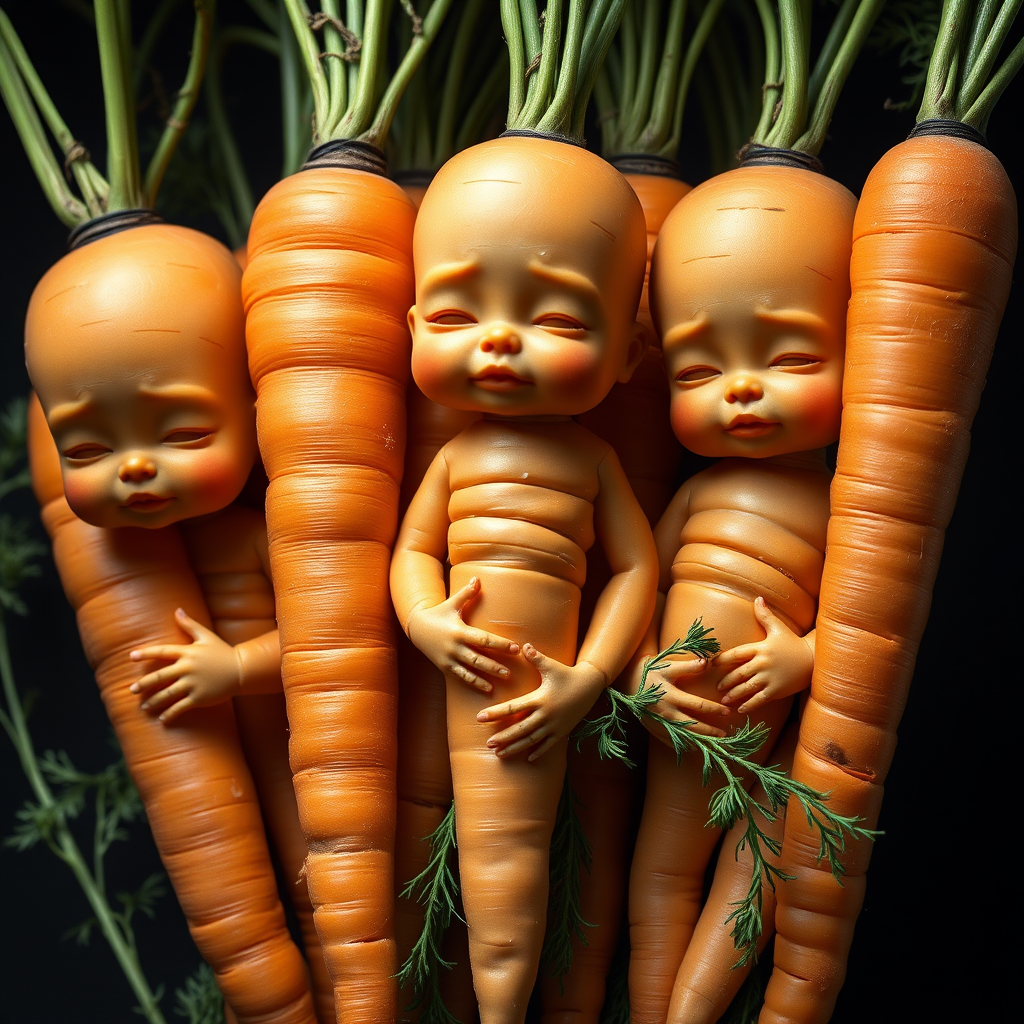 A bunch of carrots in the form of anthropomorphic babies.