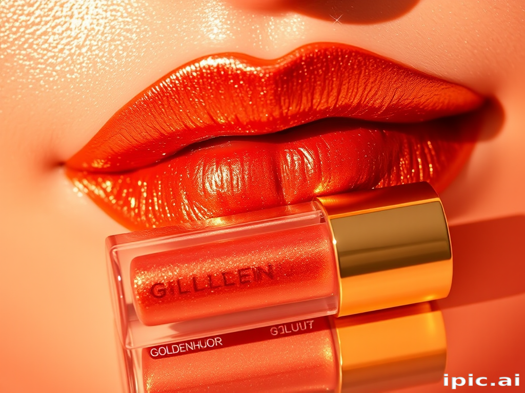 Glamorous "Golden Hour" metallic liquid lipstick featuring warm, sun-kissed tones with a high-shine finish, perfect for creating a radiant, glowing makeup look