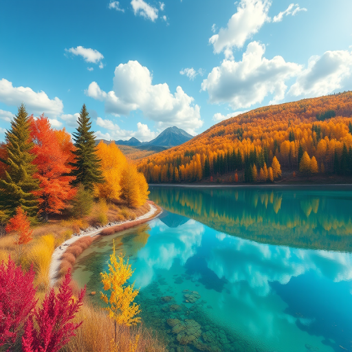 Create an illustration of a serene landscape with vibrant trees and a crystal-clear lake reflecting the sky, use a DSLR camera with a 50mm lens, aperture f/2.8, ISO 100, and a tripod for stability, capturing a wide-angle view in natural light for enhanced detail and color vibrancy.